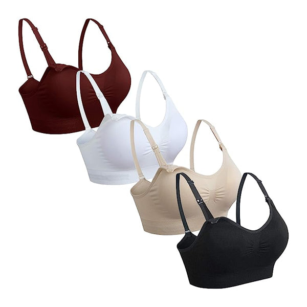The GXXGE 4 Pack Medium Push Up Seamless Nursing Bras for Breastfeeding and Maternity are displayed in maroon, white, beige, and black, arranged diagonally on a white background.